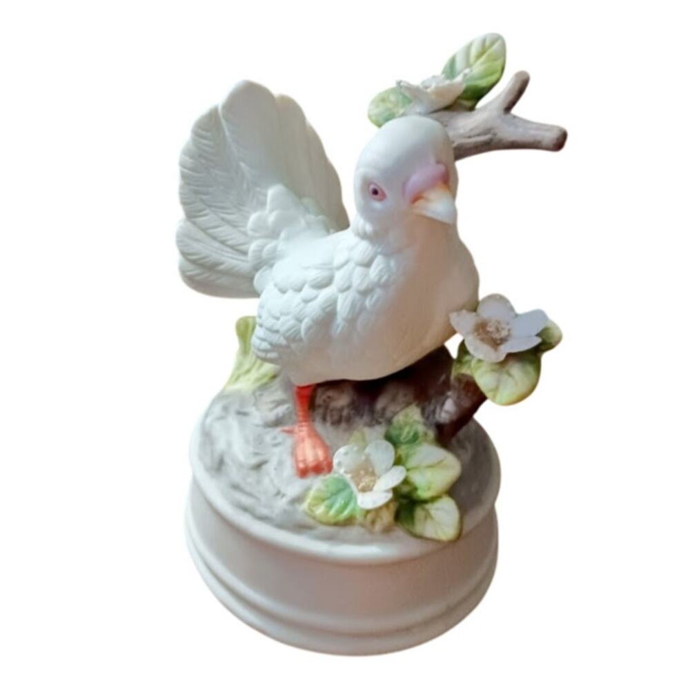 VTG  ROYAL CROWN PORCELAIN WHITE DOVE BIRD SITS ON BRANCH MUSICAL 6”